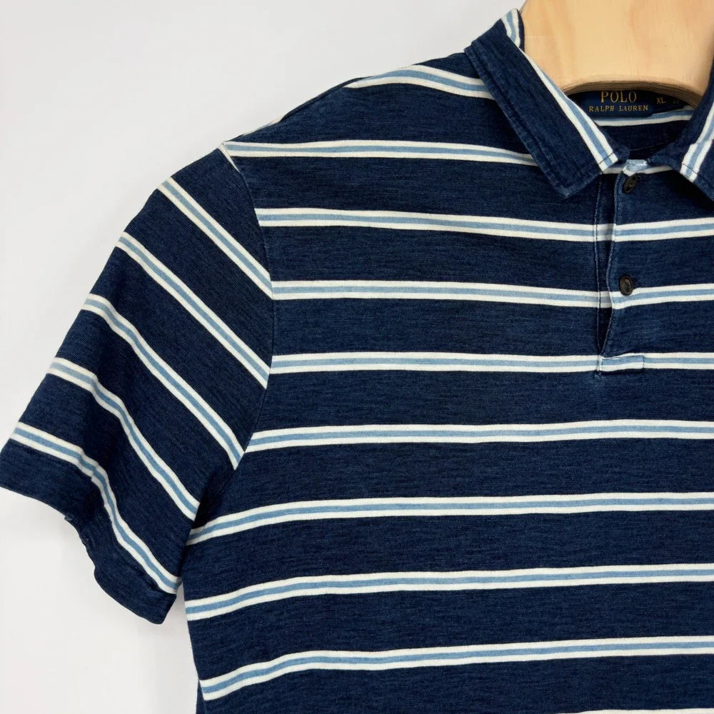 Polo Ralph Lauren Mens XL Navy Blue White Striped Pocket Polo Shirt RL Anchor